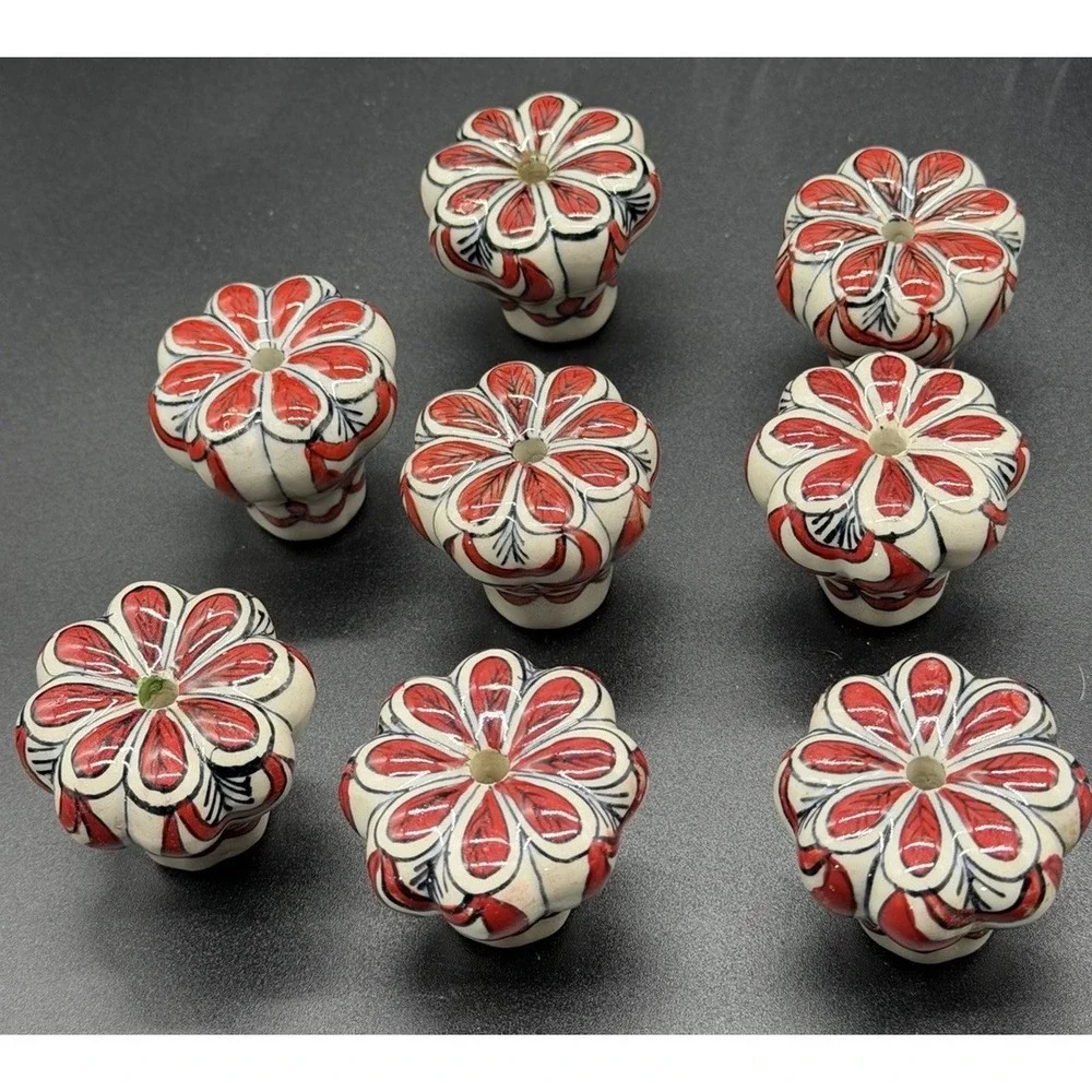 VTG Flower Shaped Ceramic Hand Painted Floral Drawer Knobs With Bolts Set Of 8